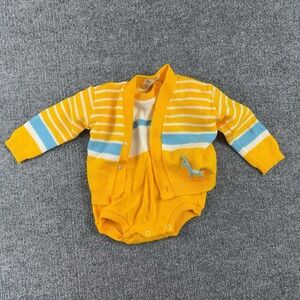 VTG Soft Spun Boys 6-9 Months Yellow Striped Knit Romper & Cardigan Sweater Set